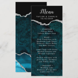 Menu Teal Blue and Silver Agate Marble Wedding