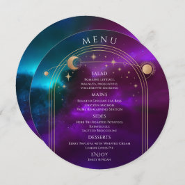 Menu Teal Dourado Solar Roxo Cósmico Estrelas Casamento
