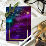 Menu Teal Dourado Solar Roxo Cósmico Estrelas Casamento<br><div class="desc">Roxo Cósmico Teal Dourado Sol Lua Espacial Cartões Menu de Casamento Mostra um sol dourado, lua e estrelas em um roxo místico colorido, teal e fundo cósmico azul com os detalhes do menu no centro em um roteiro de caligrafia dourada moderno. Personalize editando o texto nas caixas de texto fornecidas....</div>