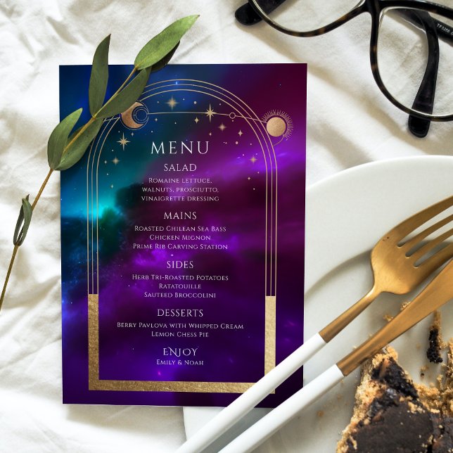 Menu Teal Dourado Solar Roxo Cósmico Estrelas Casamento (Criador carregado)
