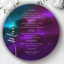Menu Teal Dourado Solar Roxo Cósmico Estrelas Casamento
