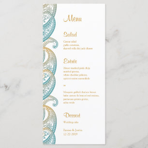 Menu Teal e Dourado Paisley Indian Weding Rackcard