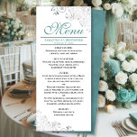 Menu Teal Elegante com espirais de Prata no Casamento B<br><div class="desc">Este belo menu irá adicionar algum estilo à sua recepção de casamento. Apresenta um belo design com ornamentado de folha fina de cinza prateada e espirros num fundo branco clássico, com texto cor de lacre ou turquesa e um fundo sangrado. Há espaço para os nomes do casal e da data...</div>
