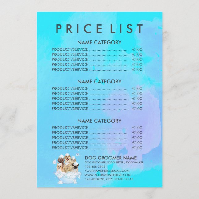 Menu Teal Pet Groomer Sitting Dog Cat Spa Price List (Frente)