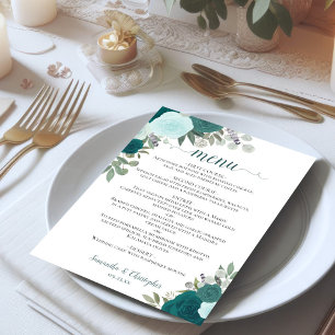 Menu Teal Watercolor Floral Elegant Boho Wedding