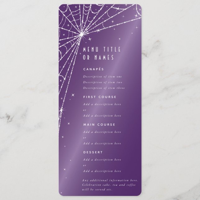 Menu Teia de Aranha Diamante Roxo Elegante Prato Plano  (Frente)