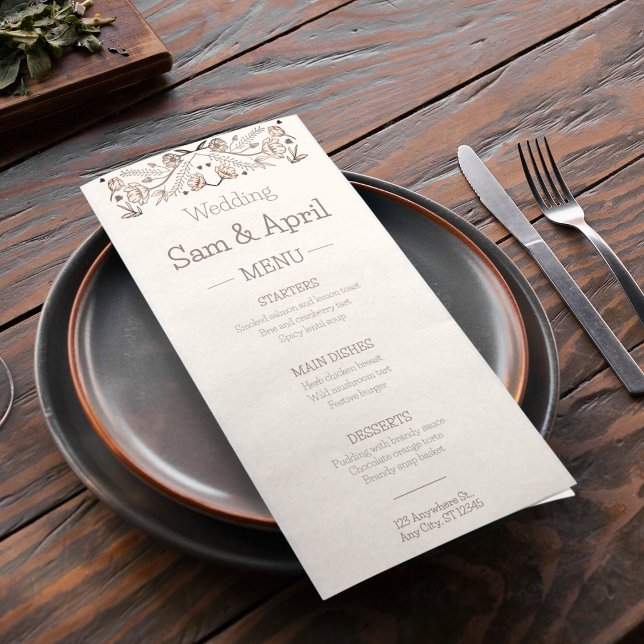 Menu Tema de Casamento Floral Brown (Let your wedding dinner menu card speak more about your theme)