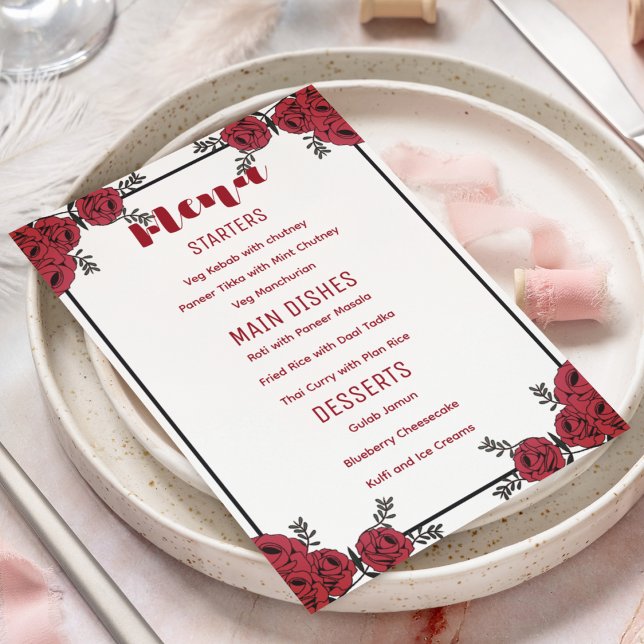 Menu Tema de Casamento Floral da rosa vermelha (perfect red floral theme menu card for your wedding)