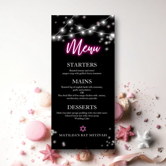 Menu Temático Neon Rosa Quente para Bat Mitzvah (Criador carregado)