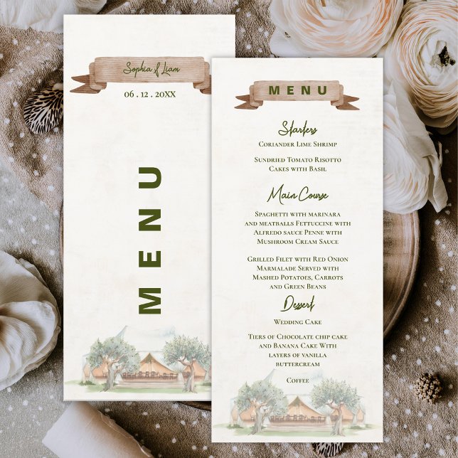 Menu Tenda Boho ao Ar Livre Recepção de Casamento Rústi (Boho Outdoor Tent Wedding Menu Card | Rustic Watercolor Camp Wedding Reception Menu)