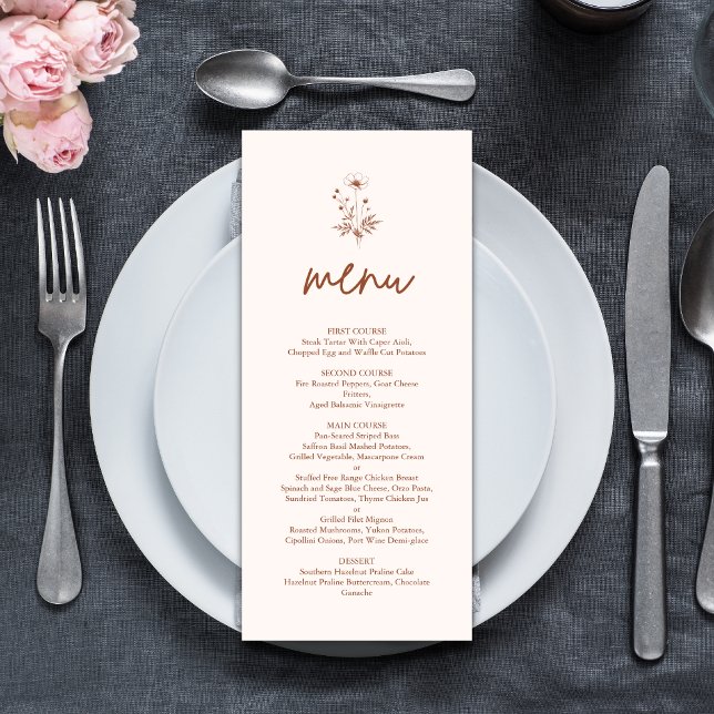 Menu Terracota de Flor Silvestre Rústica Casamento Boho (Rustic wildflower terracotta boho wedding menu adds warm charm to your dining tables with style)
