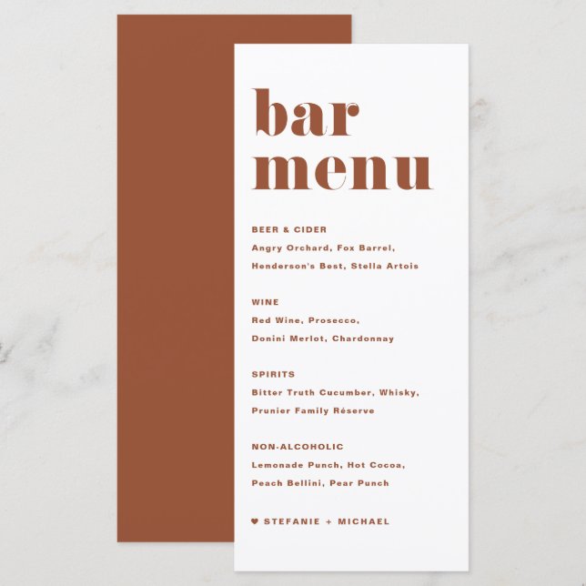 Menu Terracotta Bold Retro Typografia Bar de Casamento (Frente/Verso)
