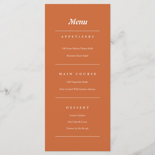 Menu Terracotta Burnt Orange Modern Casamento outono (Frente)