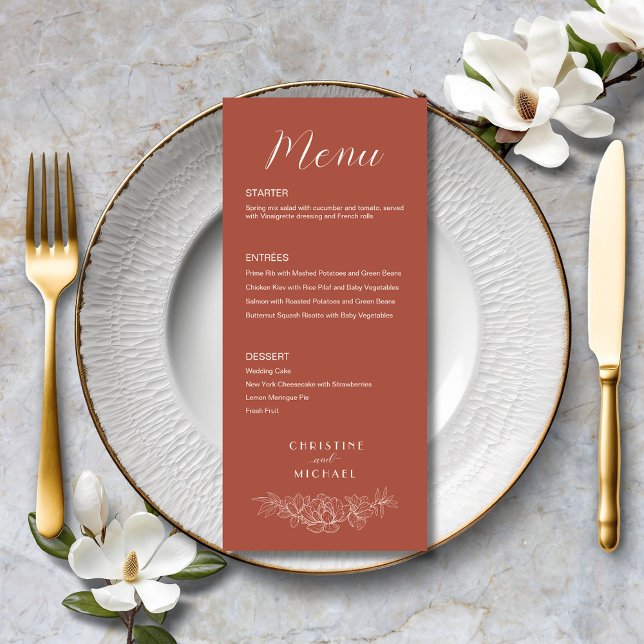 Menu Terracotta Floral Formal Elegante Casamento (Terracotta Floral Formal Elegant Wedding Menu with courses, menu options, couple names, magnolia.)