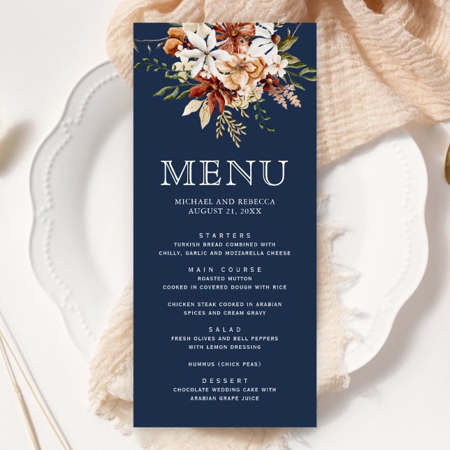 Menu Terracotta Floral Marinho Azul Casamento (Criador carregado)