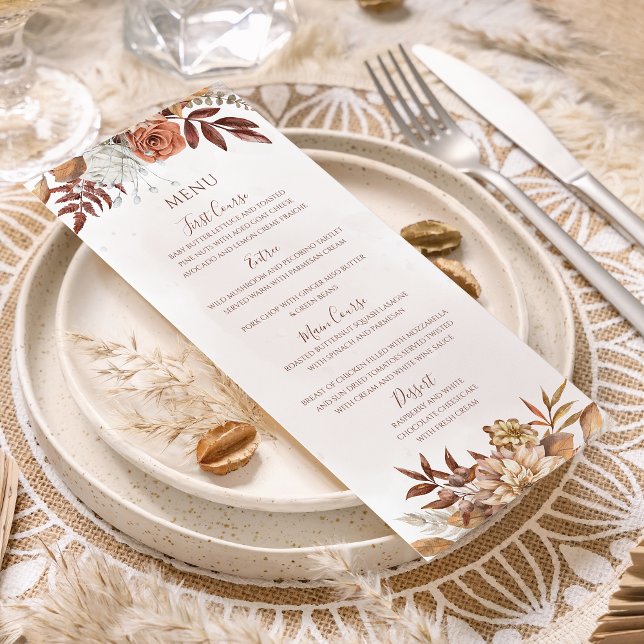 Menu Terracotta Rust Flores Boho Fall Foliage Casamento (Criador carregado)