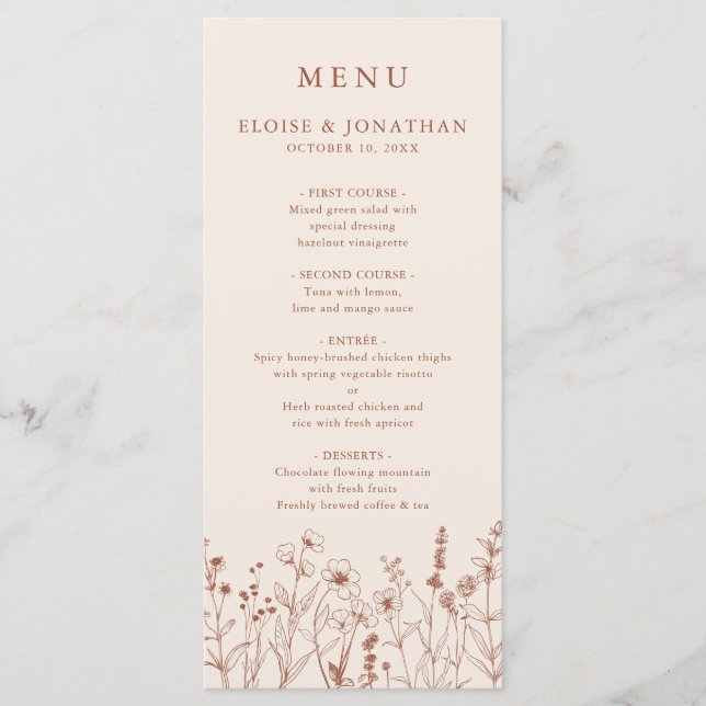 Menu Terracotta Rustic Floral Fall Wildflower Casamento (Frente)