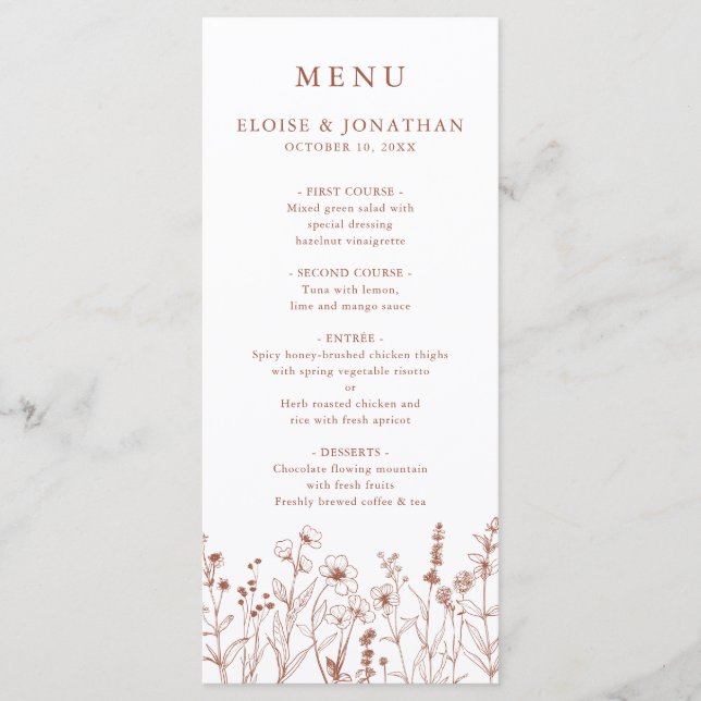 Menu Terracotta Rustic Floral Fall Wildflower Casamento (Frente)