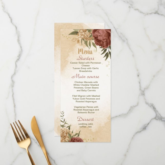 Menu terracotta terra-tona floral casamento verde (Frente/Verso In Situ)