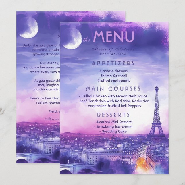Menu + texto encantador Amour Éternel  (Frente/Verso)
