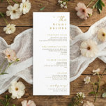 Menu The Night Before Gold 4 Course Rehearsal Dinner<br><div class="desc">This wedding rehearsal dinner menu is in gold and has room for 4 courses or stations. It features "the night before" at the top,  but it can be changed to "the day before" too. It's personalized with the couple's names and date or rehearsal dinner location at the bottom.</div>