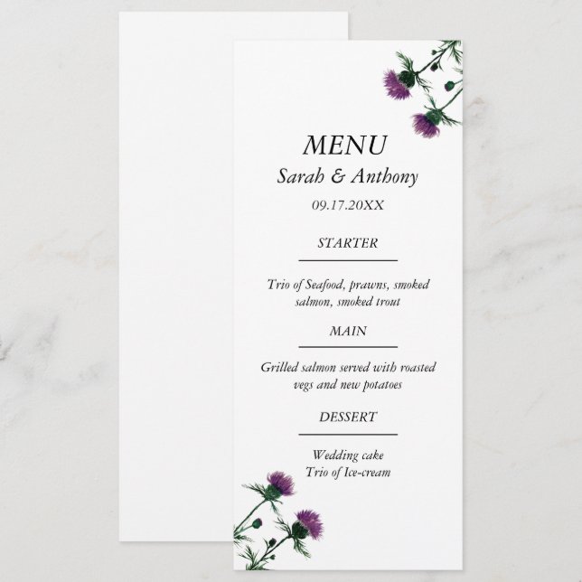 Menu Thistle Scotland Floral Watercolor Comida (Frente/Verso)
