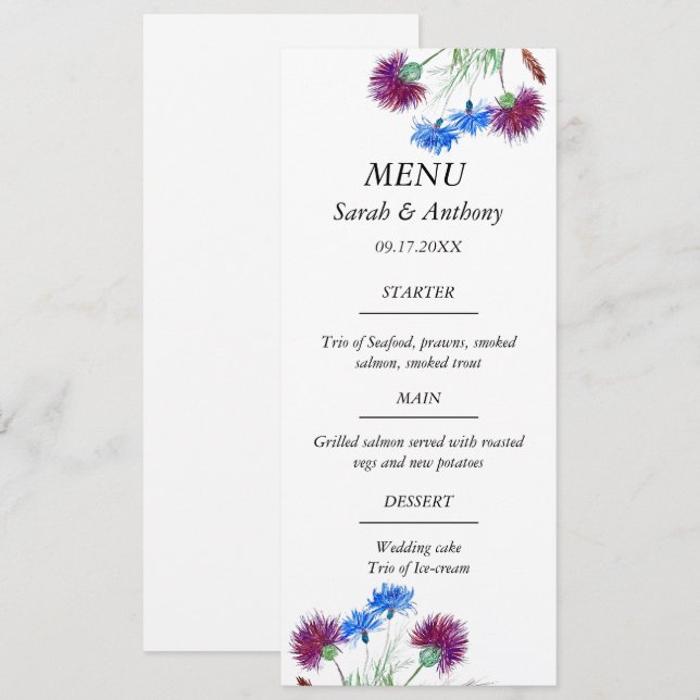 Menu Thistle Scotland Floral Watercolor Comida (Frente/Verso)