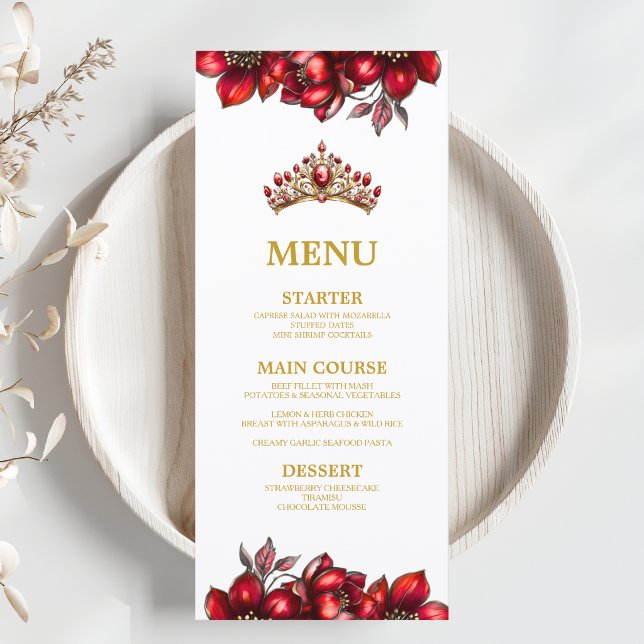 Menu Tiaro Floral Vermelho Dourado Quinceañera  (Criador carregado)