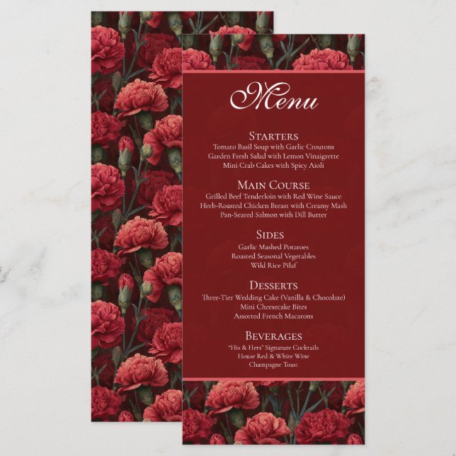 Menu Timeless Red Carnation Aesthetic Boho Wedding (Frente/Verso)