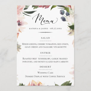 Menu Tipografia Chic Blush Plum Floral Casamento