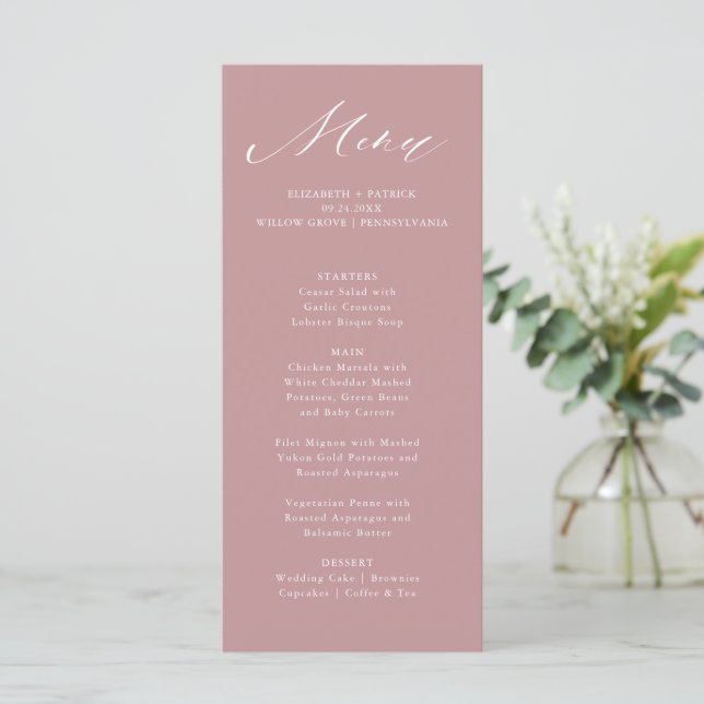 Menu Tipografia de Script Elegante de Rosa Dusty (Em pé/Frente)
