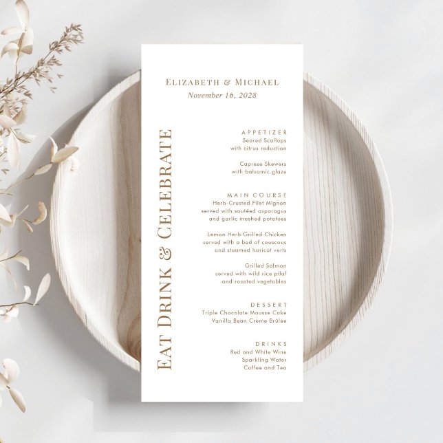 Menu Tipografia Dourada para Casamentos Comer Beber Cel (Criador carregado)