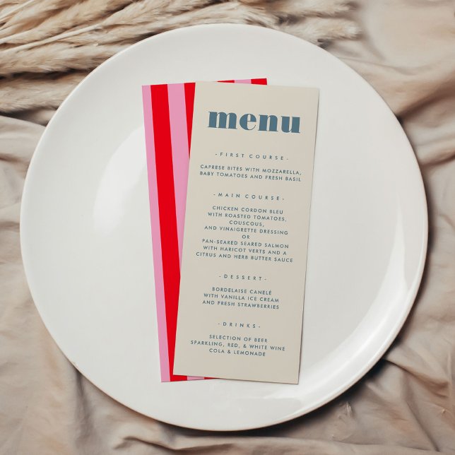 Menu Tipografia em negrito moderno Casamento simples (Modern Chic Bold Typography Simple Wedding Menu with pink and red stripes on backside)