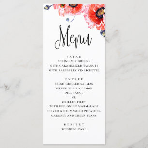 Menu Torta flores. Casamento floral vermelho de aquarel
