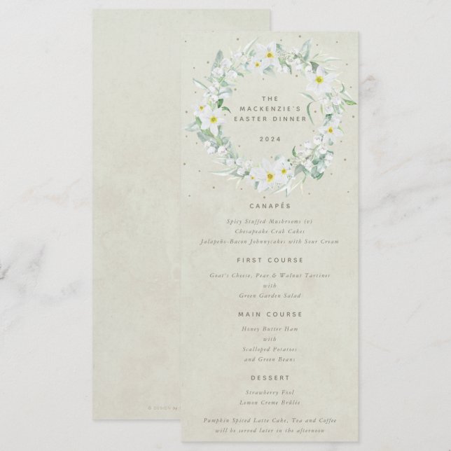 Menu Traço Flat de Páscoa Floral Branco Cream 4 Cursos (Frente/Verso)