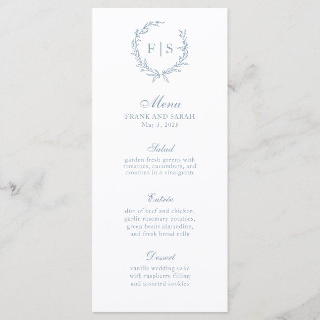 Menu Tradicional Blue Wreath Monograma (Frente)