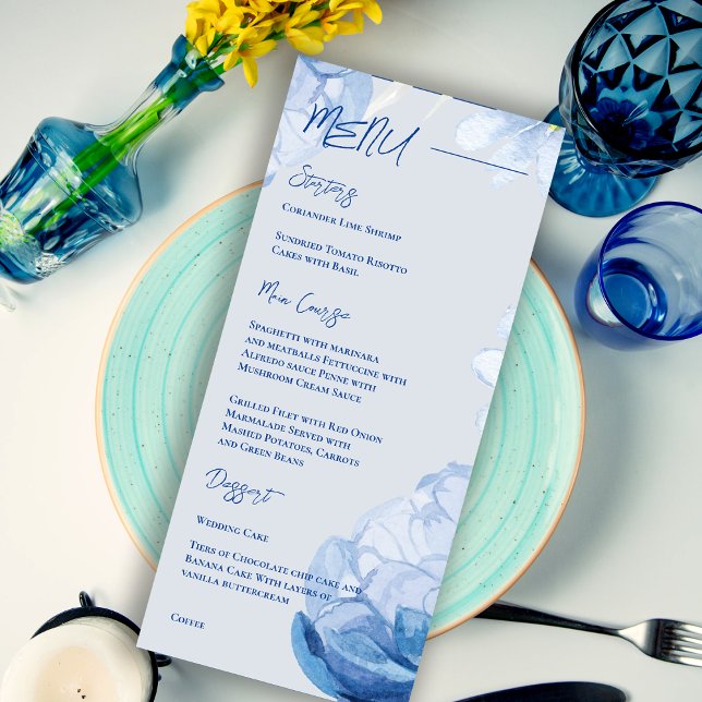 Menu Trendy Elegant Bonito Festa de casamento Floral Az (Trendy Elegant Pretty Blue Floral Wedding Party Menu)