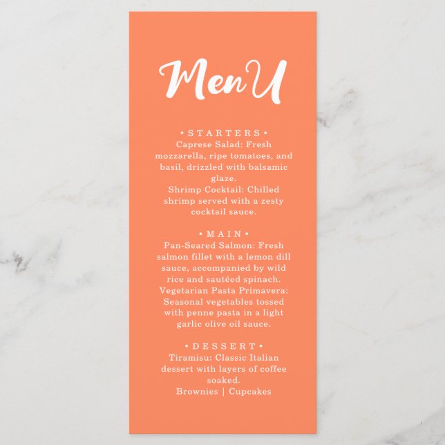 Menu Trendy Modern Coral Orange Wedding Dinner (Frente)