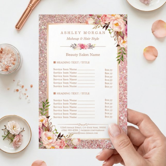 Menu Trendy Rosa Glitter Floral Beauty Salon (Criador carregado)