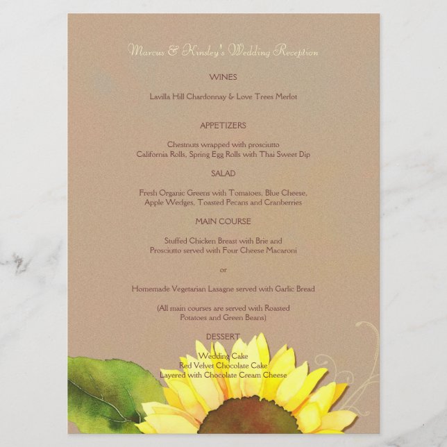 Menu Trendy Sunflower Recepção de casamento (Frente)