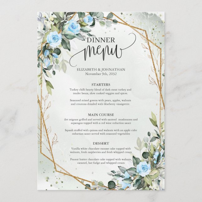 Menu Trendy Watercolor Flores azuis geladas Ouro Eucaly (Frente)
