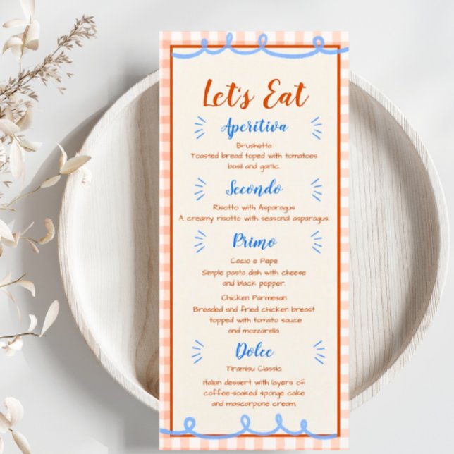 Menu Trendy Whimsical Mão Desenhada Azul Laranja (That's Amore! Menu. Trendy Hand Drawn. Perfect for Wedding, Bridal Shower and Engagement Party.)