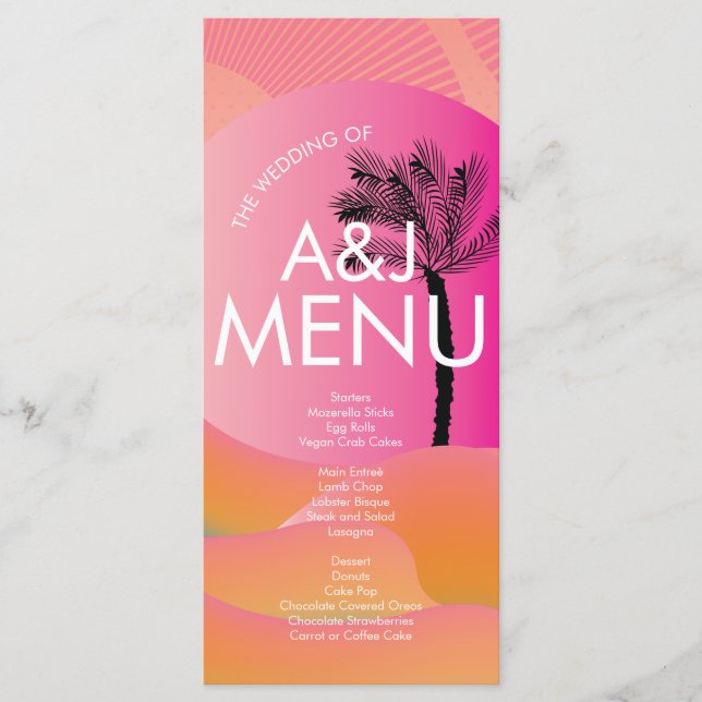 Menu Tropical Sunrise Rosa Laranja Branco Casamento Ous (Frente)