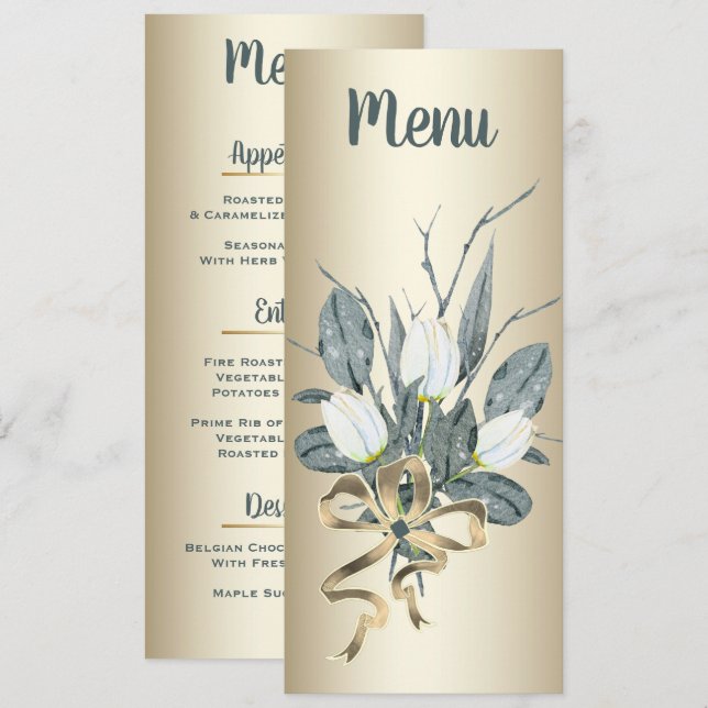 Menu Tulipas brancas com Recepção de casamento Dourada (Frente/Verso)