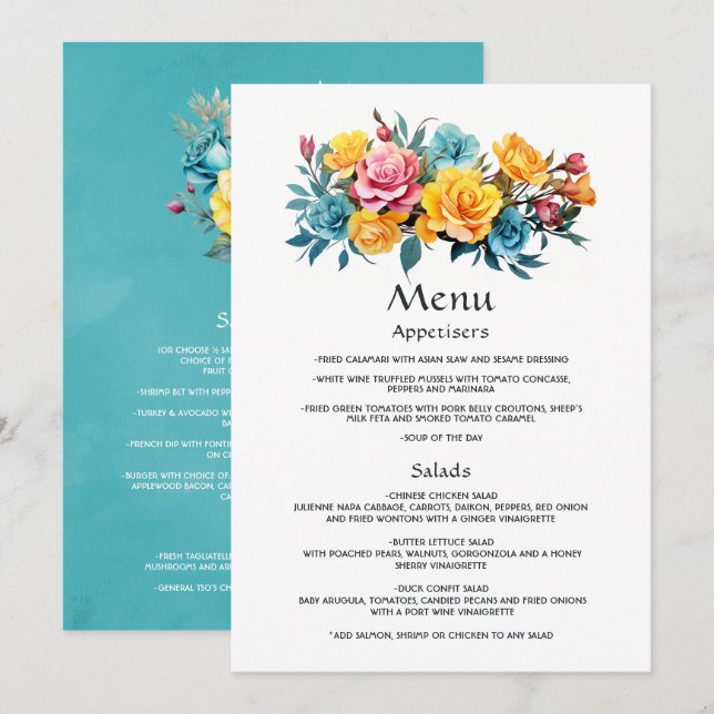 Menu Turquesa, Casamento Floral Amarelo-Rosa (Frente/Verso)