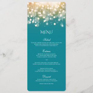 Menu Turquesa Regal e Luzes Douradas de Bokeh