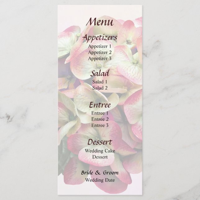 Menu Um cardápio de casamento com hortênsias rosa e bra (Frente)