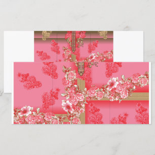 Menu um design de um fundo rosa e dourado com um vermel