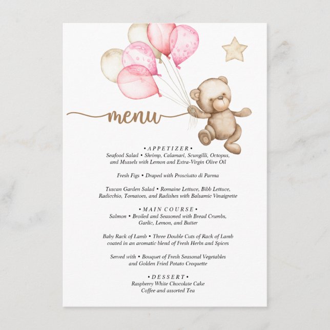 Menu Ursinho de Pelúcia Bebê Urso Chás de Bebê  (Frente)