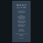 Menu Vamos Azul Elegante no Casamento da Calliografia<br><div class="desc">Um moderno e elegante menu janto náutico azul-escuro do casamento chinês minimalista. Que apresenta modelo design de chic de fundo sólido azul marinho e tipografia branca. E o vamos comem palavras na elegante caligrafia branca-chica. Pegue-o e faça seu menu de casamento chique e elegante.</div>